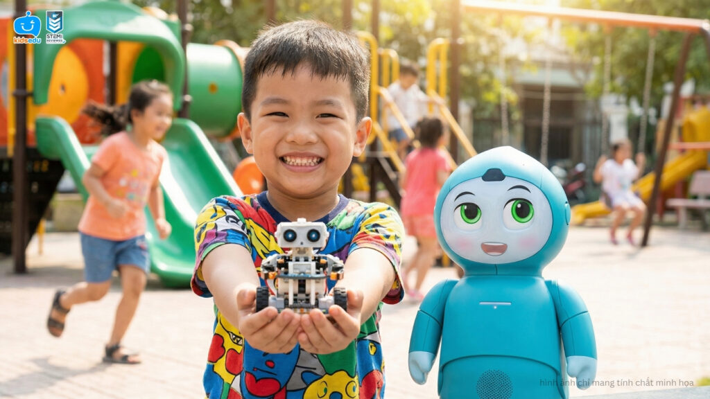 Bé trai tự hào khoe mô hình robot nhỏ tự tay lắp ráp bên cạnh một robot đồng hành lớn hơn trong không gian ngoài trời sáng sủa.