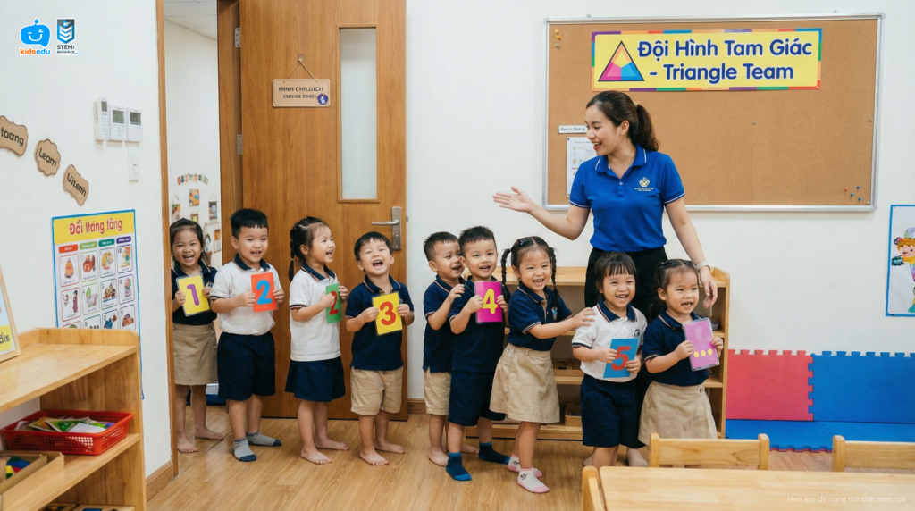 Học sinh KidsEdu STEM hào hứng xếp hàng theo thứ tự số và tên nhóm "Đội Hình Tam Giác".