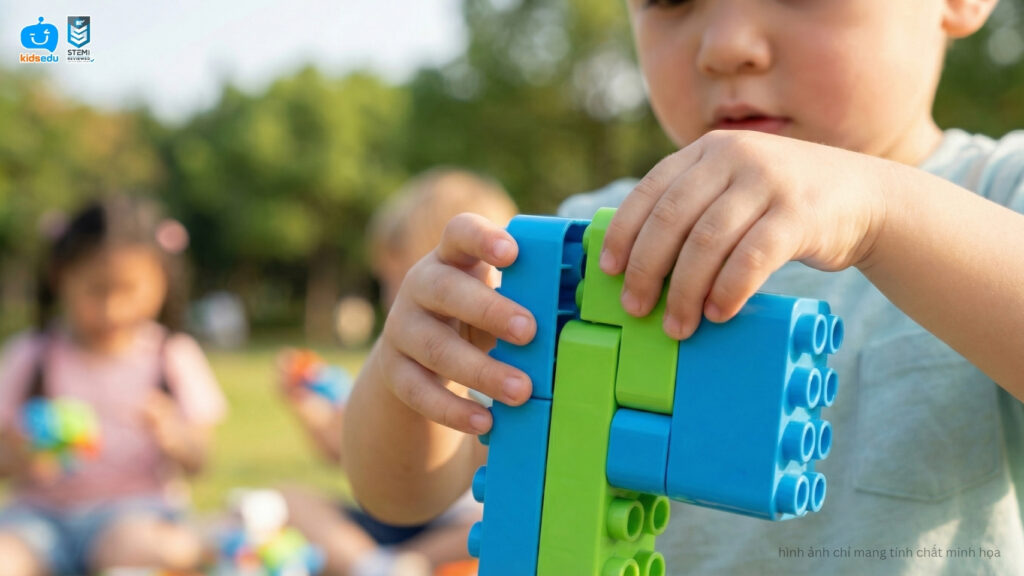 Close-up of a young child's hands precisely assembling blue and green interlocking blocks during a STEM construction activity.