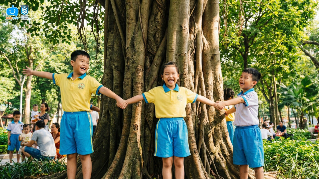 Three school children in uniform holding hands and smiling brightly in front of a massive, ancient tree trunk.