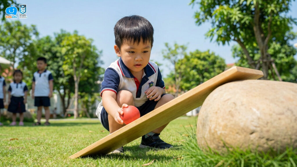 Bé trai đang thả quả bóng đỏ lăn xuống một máng gỗ nghiêng được tựa vào viên đá lớn trong công viên.