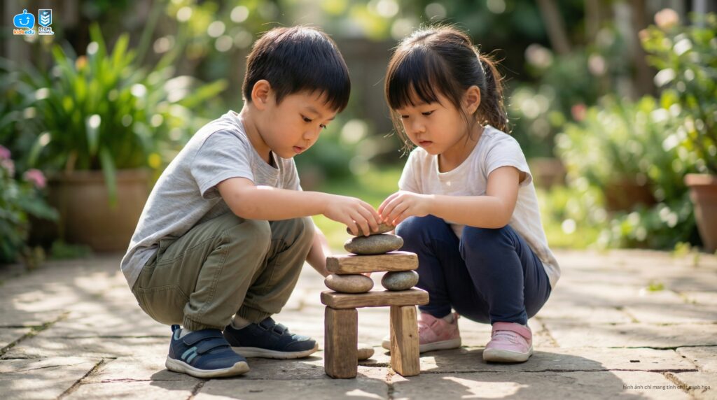 A young boy and girl focused on balancing a stack of smooth stones on wooden blocks in an outdoor garden setting.