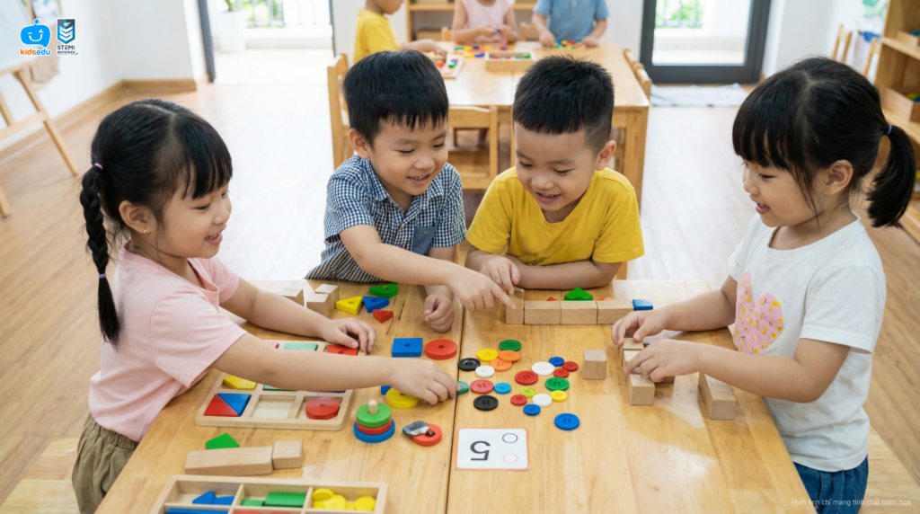 Trẻ mầm non thực hành phân loại màu sắc và đếm số lượng với các khuy áo và hình khối. 