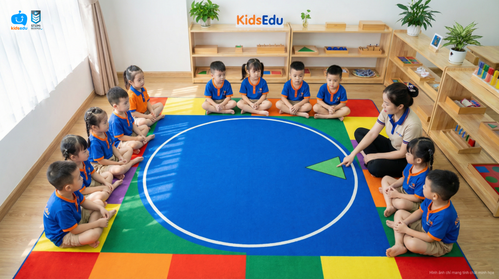 Trẻ mầm non học khái niệm hình học và không gian trên thảm trong giờ sinh hoạt vòng tròn KidsEdu STEM.