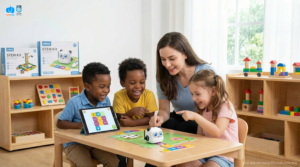 Teacher and preschoolers using a tablet for mathematical reasoning activities at KidsEdu STEM.