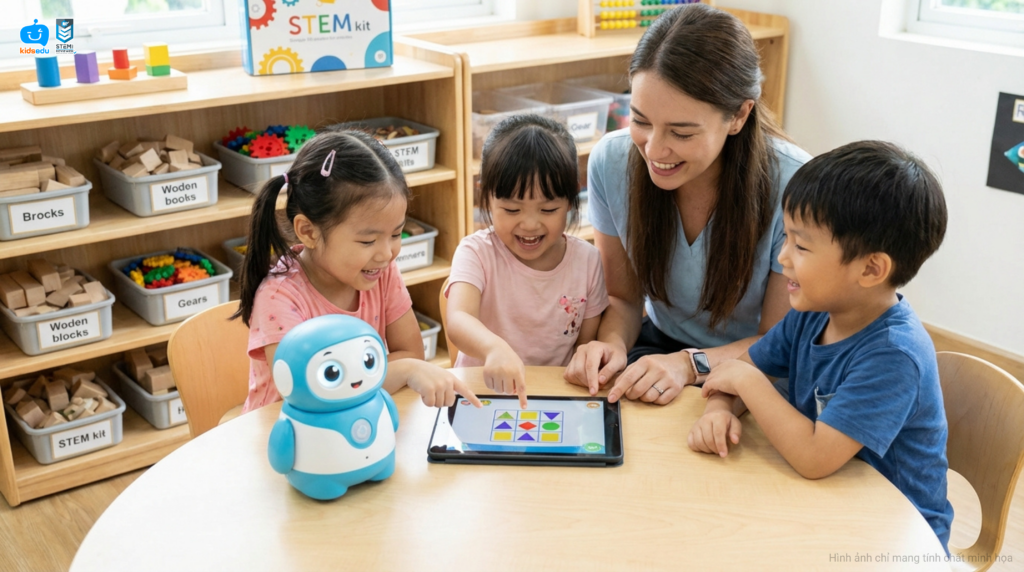 Giáo viên và học sinh mầm non tương tác với ứng dụng tư duy toán học KidsEdu STEM.