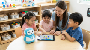 Giáo viên và học sinh mầm non tương tác với ứng dụng tư duy toán học KidsEdu STEM.