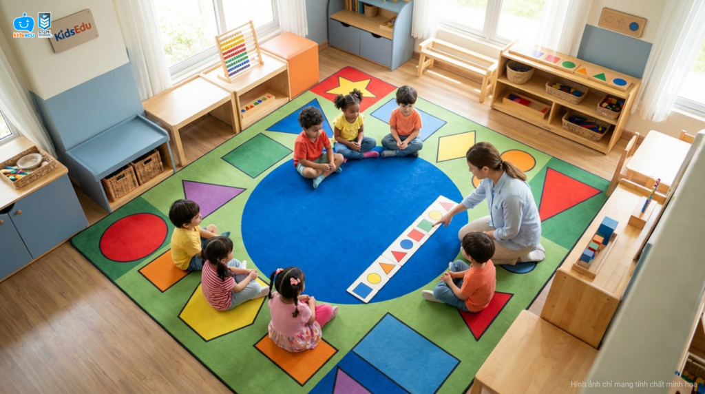 Preschoolers exploring spatial math concepts during circle time with KidsEdu STEM.